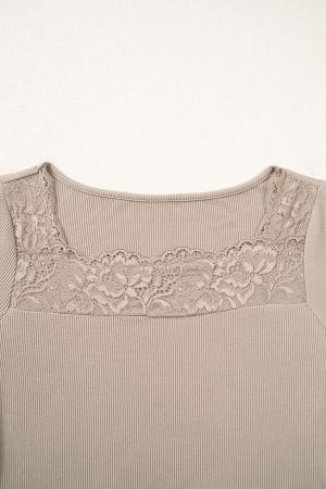 Women’s Beige Ribbed Blouse with Lace Details