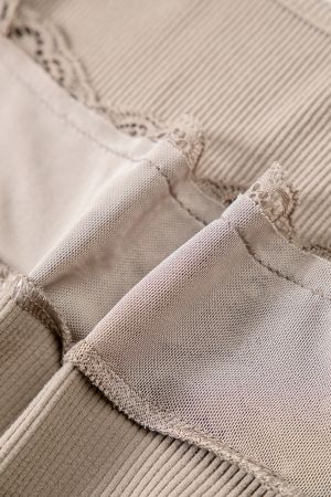 Women’s Beige Ribbed Blouse with Lace Details