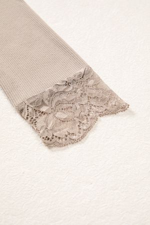 Women’s Beige Ribbed Blouse with Lace Details
