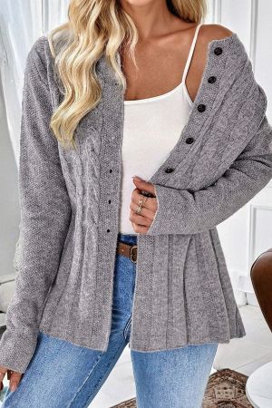 Women’s Grey Knit Cardigan with Buttons and Textured Knit