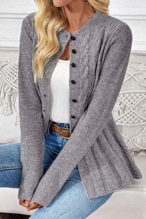 Women’s Grey Knit Cardigan with Buttons and Textured Knit