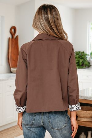 Women’s Brown Cotton Jacket with Buttons and Leopard Print Details