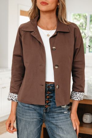 Women’s Brown Cotton Jacket with Buttons and Leopard Print Details