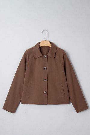 Women’s Brown Cotton Jacket with Buttons and Leopard Print Details