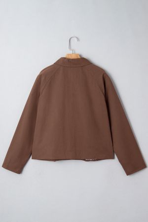 Women’s Brown Cotton Jacket with Buttons and Leopard Print Details