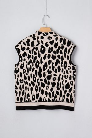Women’s Beige Sleeveless Sweater Vest with Black Leopard Print