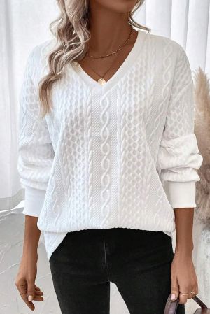 Women’s White Cable Knit Sweater with V-Neckline