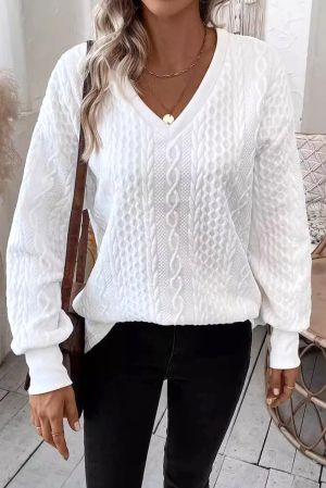 Women’s White Cable Knit Sweater with V-Neckline