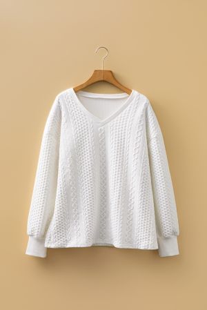 Women’s White Cable Knit Sweater with V-Neckline