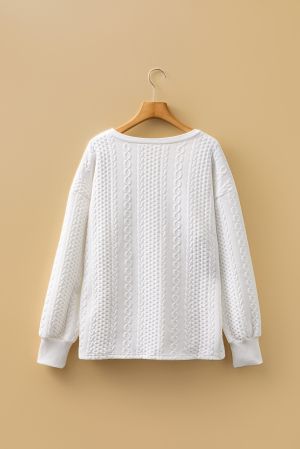 Women’s White Cable Knit Sweater with V-Neckline