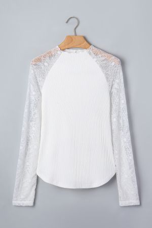 Women's White Ribbed Blouse with Floral Lace Sleeves