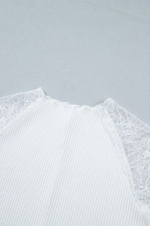 Women's White Ribbed Blouse with Floral Lace Sleeves