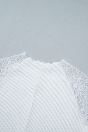 Women's White Ribbed Blouse with Floral Lace Sleeves