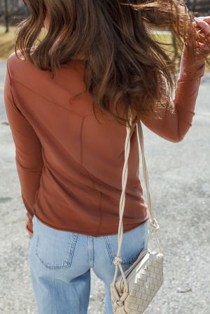 Brown Cotton Women's Long Sleeve Top with Round Neckline