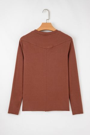 Brown Cotton Women's Long Sleeve Top with Round Neckline