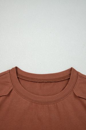 Brown Cotton Women's Long Sleeve Top with Round Neckline