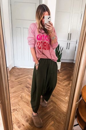 Women’s Pink GOOD VIBES Hoodie with Chenille Lettering