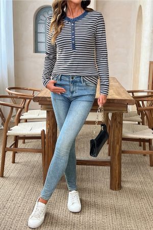 Women’s Grey and Black Striped Long Sleeve Top with Denim Contrast Collar