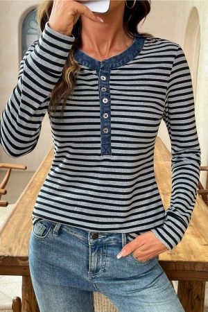 Women’s Grey and Black Striped Long Sleeve Top with Denim Contrast Collar