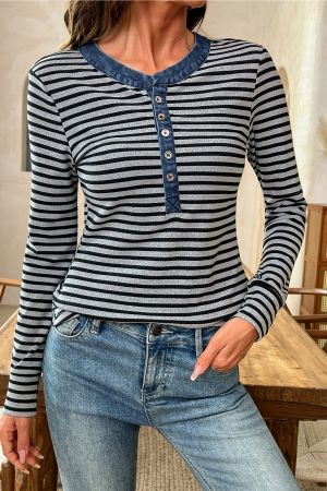 Women’s Grey and Black Striped Long Sleeve Top with Denim Contrast Collar