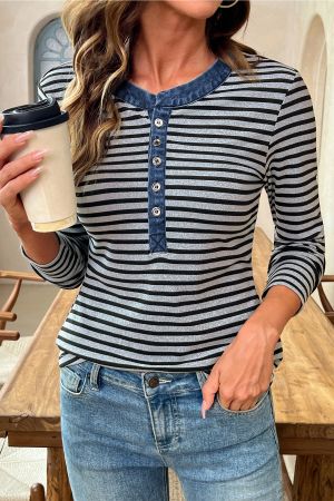 Women’s Grey and Black Striped Long Sleeve Top with Denim Contrast Collar