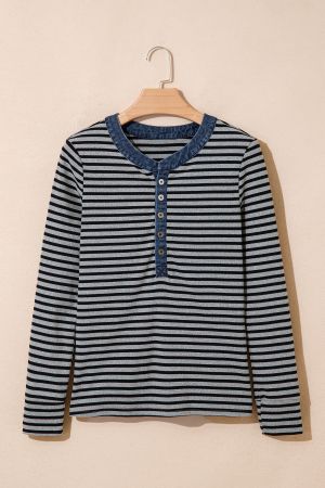 Women’s Grey and Black Striped Long Sleeve Top with Denim Contrast Collar