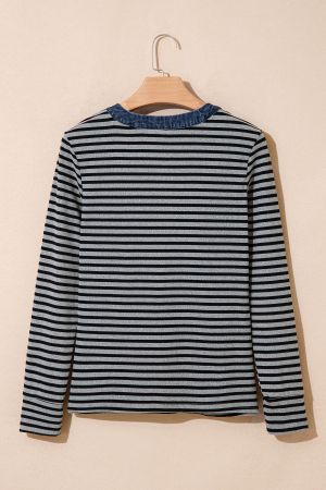 Women’s Grey and Black Striped Long Sleeve Top with Denim Contrast Collar