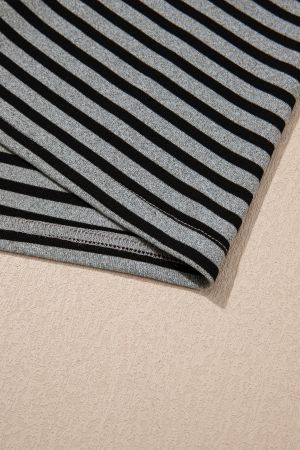 Women’s Grey and Black Striped Long Sleeve Top with Denim Contrast Collar