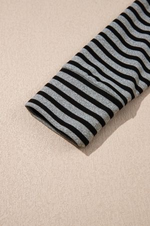Women’s Grey and Black Striped Long Sleeve Top with Denim Contrast Collar