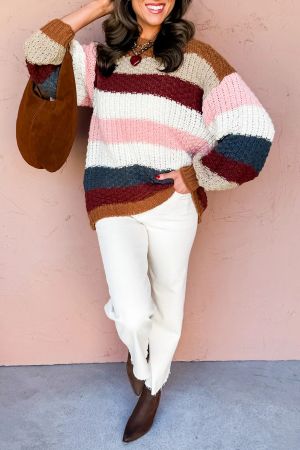 Women’s Multicolour Striped Dropped Shoulder Knitted Sweater