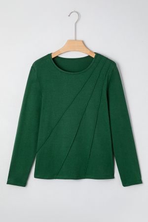 Women's Dark Green Long Sleeve Top with Asymmetrical Decorative Seams