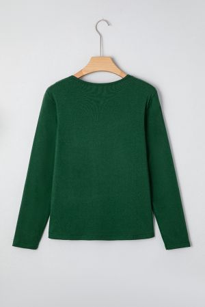 Women's Dark Green Long Sleeve Top with Asymmetrical Decorative Seams