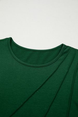 Women's Dark Green Long Sleeve Top with Asymmetrical Decorative Seams