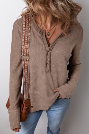 Women's Coffee Brown Acid Wash Waffle Knit Henley Long Sleeve Top