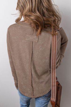 Women's Coffee Brown Acid Wash Waffle Knit Henley Long Sleeve Top