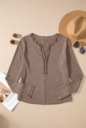 Women's Coffee Brown Acid Wash Waffle Knit Henley Long Sleeve Top