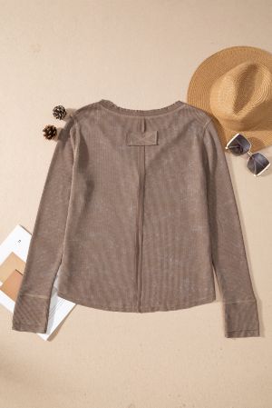 Women's Coffee Brown Acid Wash Waffle Knit Henley Long Sleeve Top