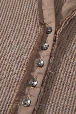 Women's Coffee Brown Acid Wash Waffle Knit Henley Long Sleeve Top