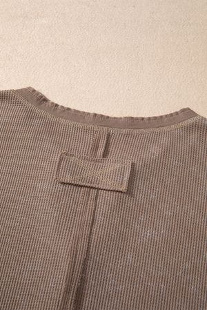 Women's Coffee Brown Acid Wash Waffle Knit Henley Long Sleeve Top