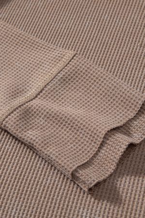 Women's Coffee Brown Acid Wash Waffle Knit Henley Long Sleeve Top