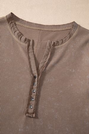Women's Coffee Brown Acid Wash Waffle Knit Henley Long Sleeve Top