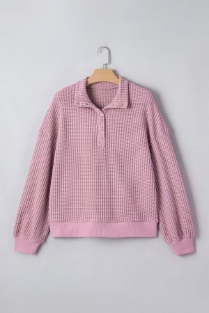 Women's Pink Waffle Textured Snap Button Collared Relaxed Fit Top