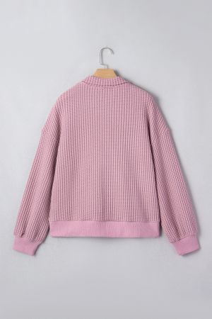 Women's Pink Waffle Textured Snap Button Collared Relaxed Fit Top