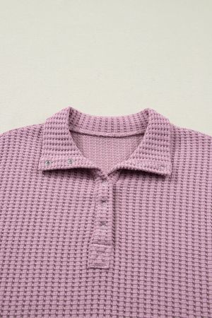 Women's Pink Waffle Textured Snap Button Collared Relaxed Fit Top
