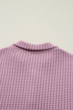 Women's Pink Waffle Textured Snap Button Collared Relaxed Fit Top