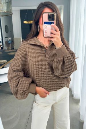 Women's Brown Waffle Textured Snap Button Collared Relaxed Fit Top