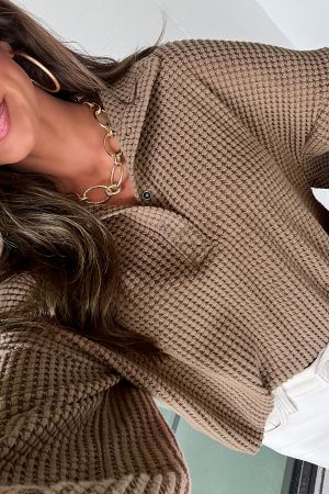 Women's Brown Waffle Textured Snap Button Collared Relaxed Fit Top