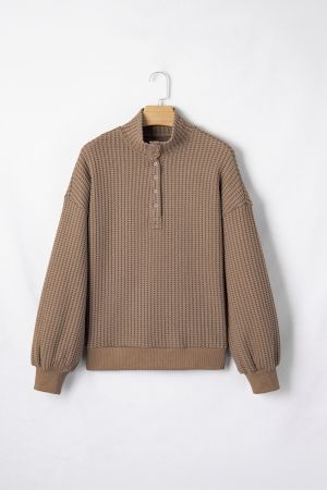Women's Brown Waffle Textured Snap Button Collared Relaxed Fit Top
