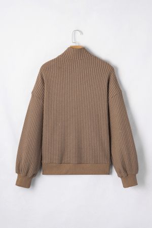 Women's Brown Waffle Textured Snap Button Collared Relaxed Fit Top