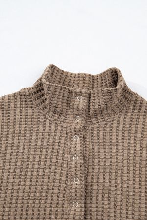 Women's Brown Waffle Textured Snap Button Collared Relaxed Fit Top
